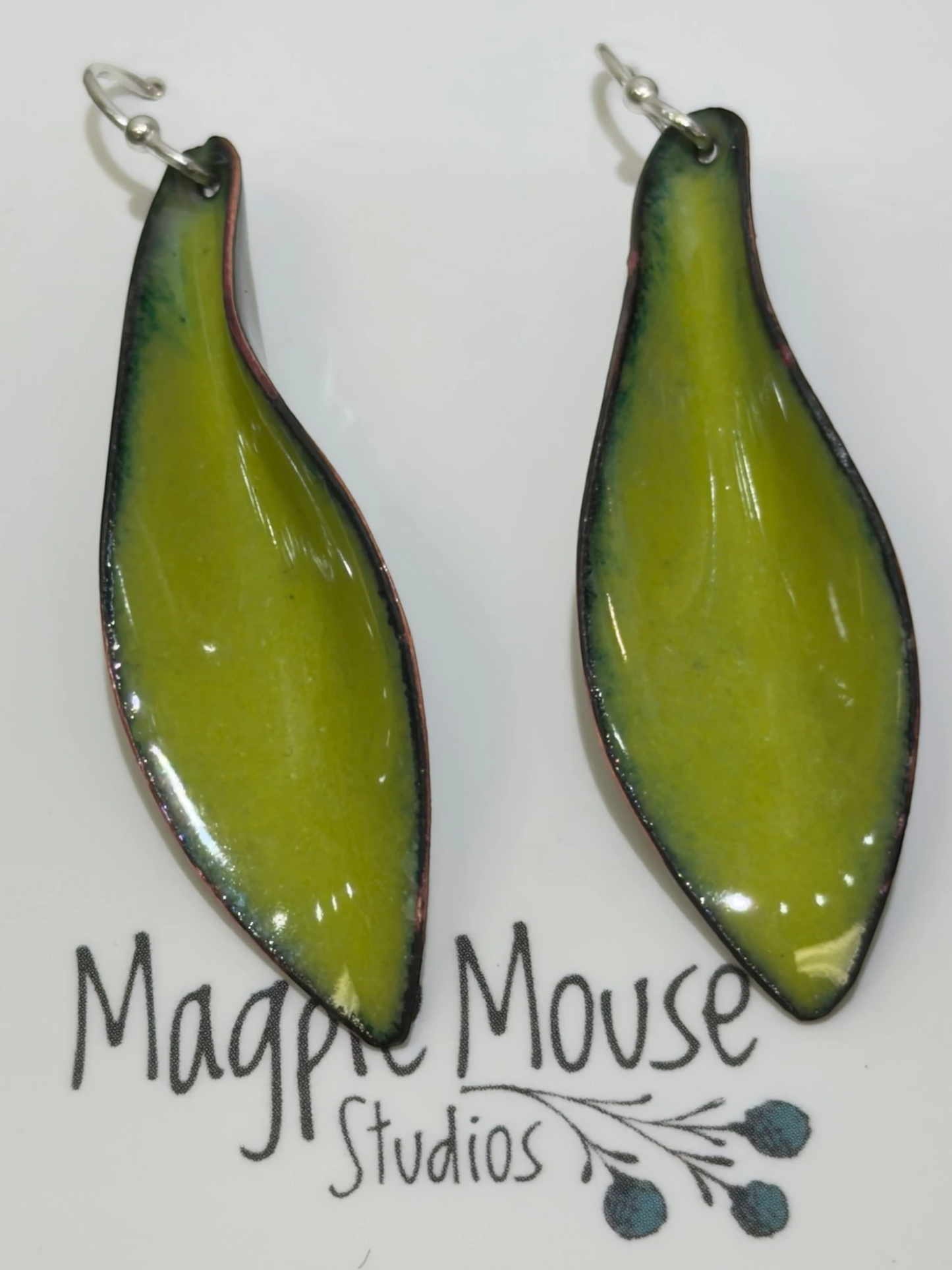 Magpie Mouse Studios - Small Leaf Earrings, Chartreuse Green Enamel