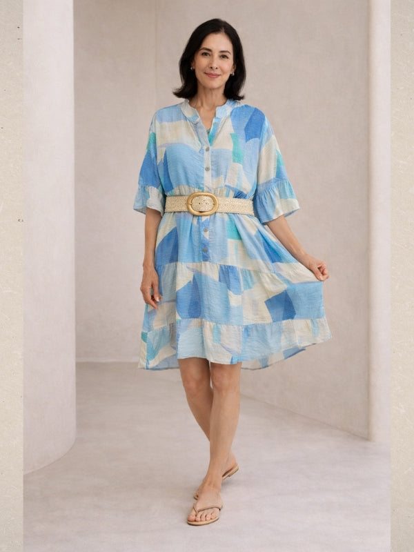 LOOWIE - Blue Abstract Tiered Dress