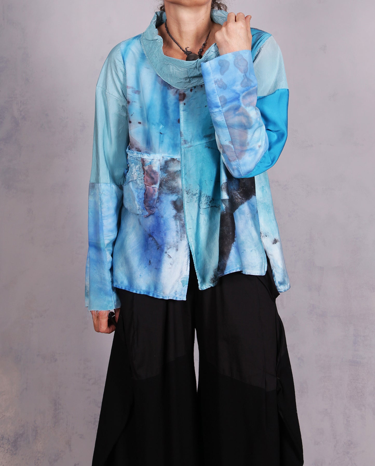 Tatiana Palnitska - Tru6/ Detailed Mixed Silks Aqua/Blue Top W/Pocket