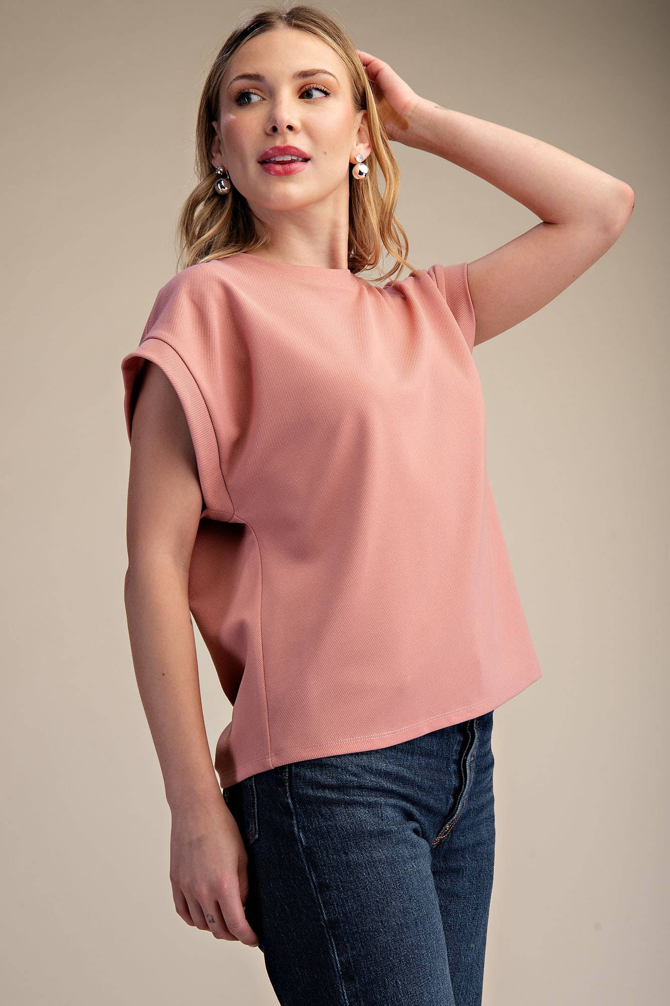 Glam - Crew Neckline Cuffed Top/ Blush