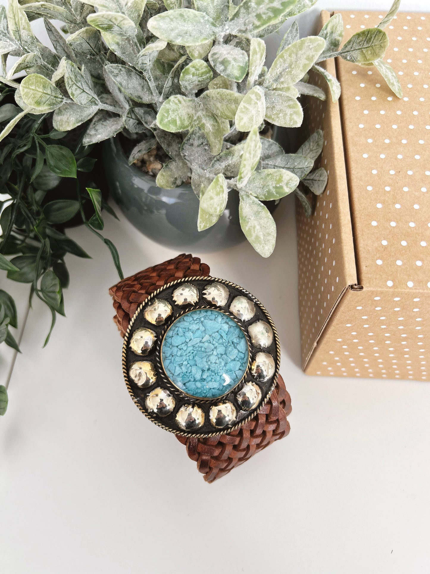 Lula Natura - Brown Leather Belt Satu Wide w/ Blue Stone