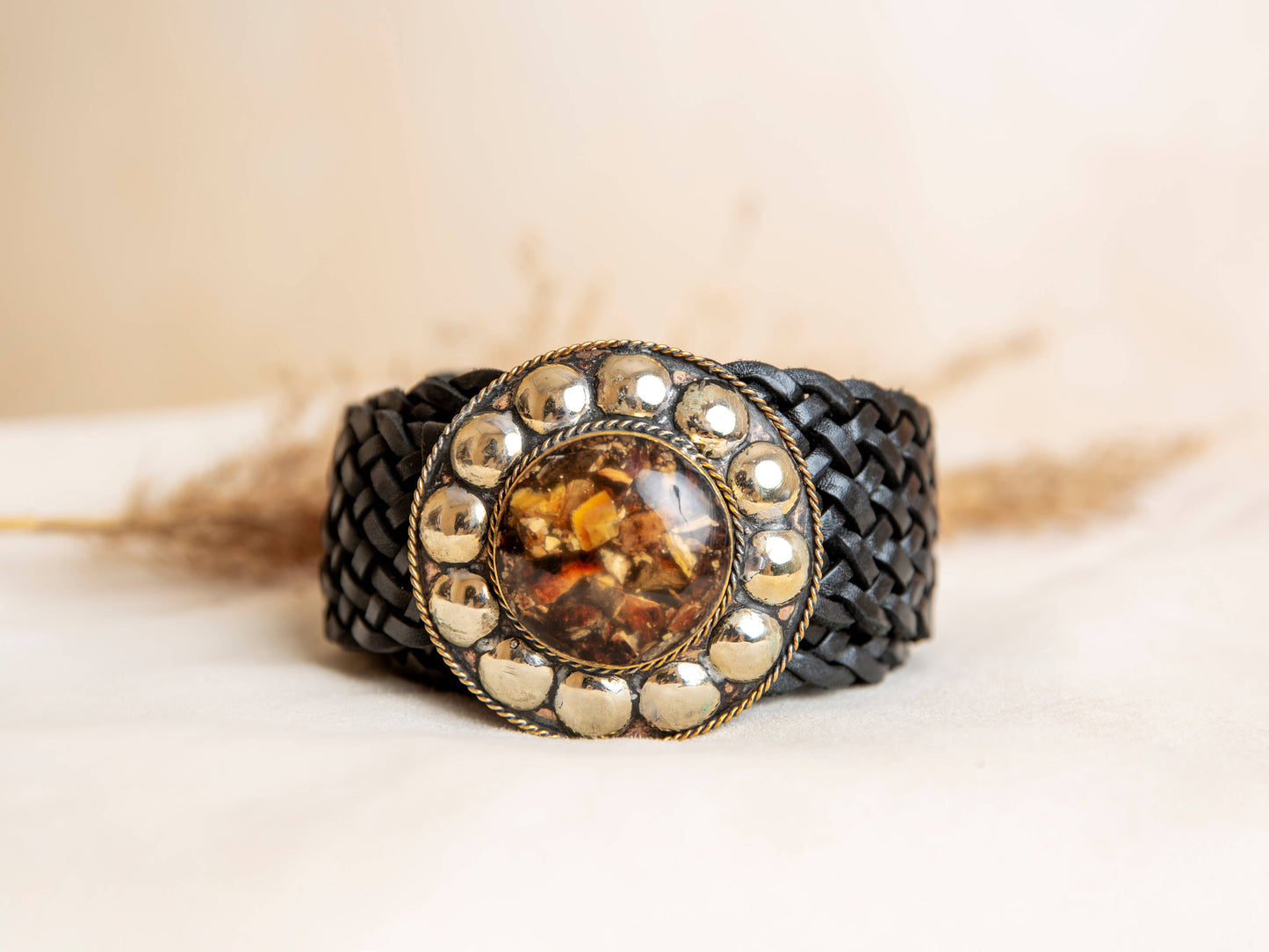Lula Natura - Black Leather Belt Satu Wide w/ Brown Stone