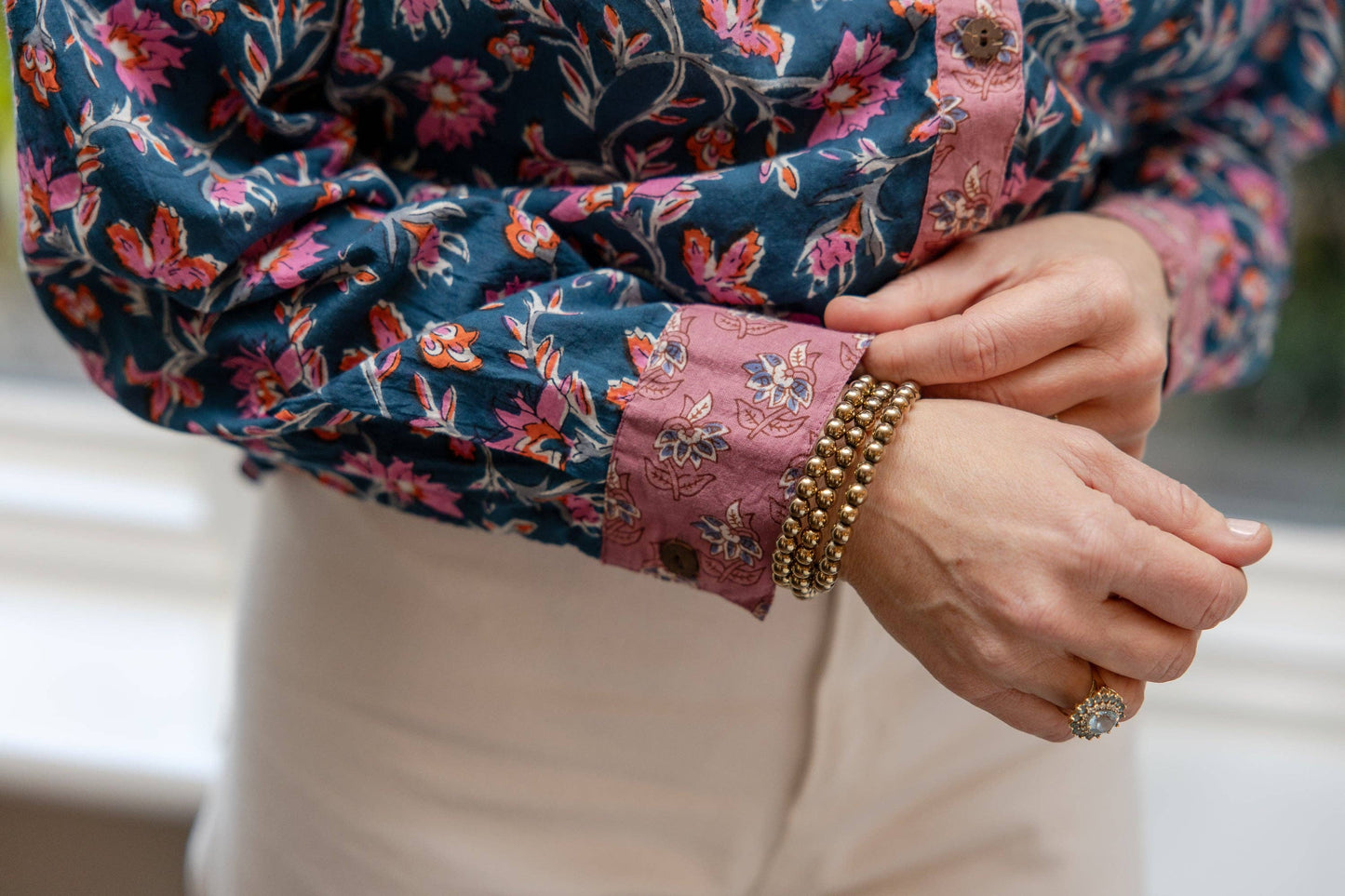 Rahab's Rope - Indigo Bloom Block Print Button-Down Top