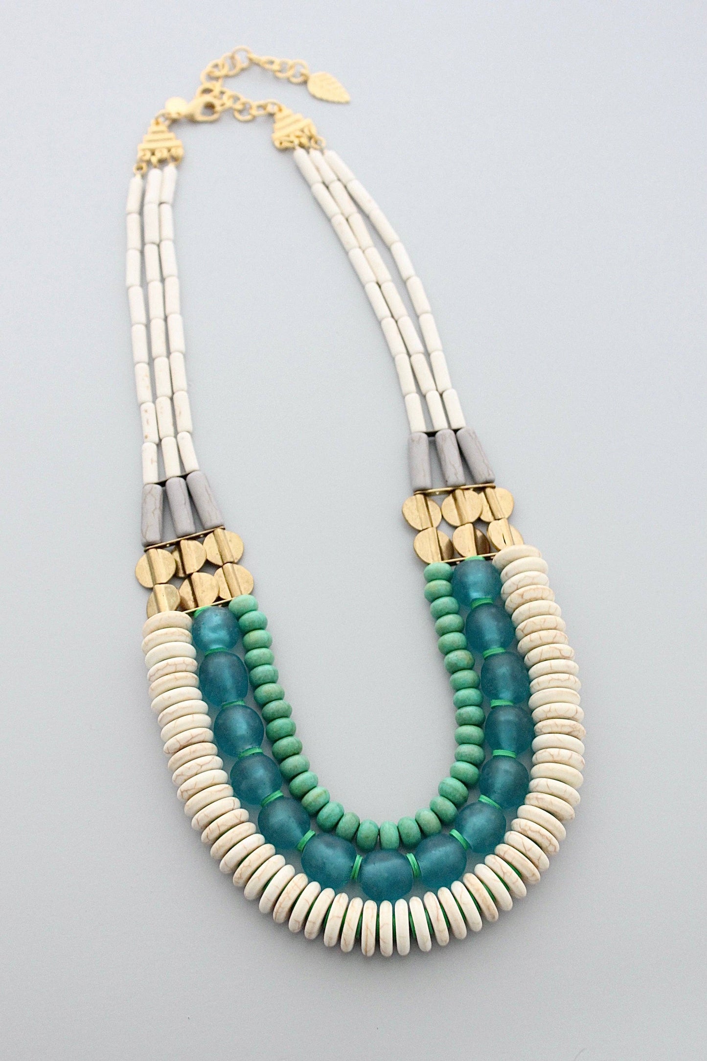 David Aubrey Jewelry - Triple strand white, aqua Ghana glass, and turquoise