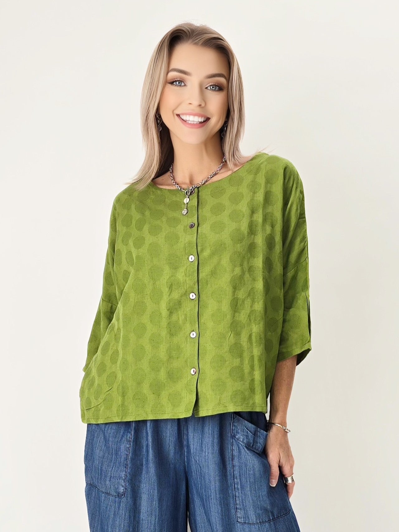 Raksa- Indian Cotton Jacquard Button-Front Blouse