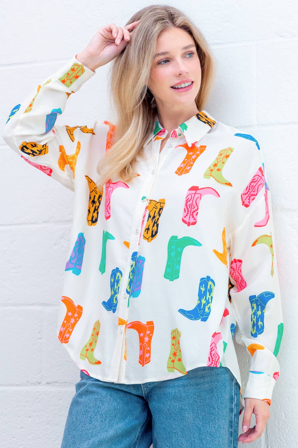 Taelynn - Cowboy Boots Print Button-Up Top