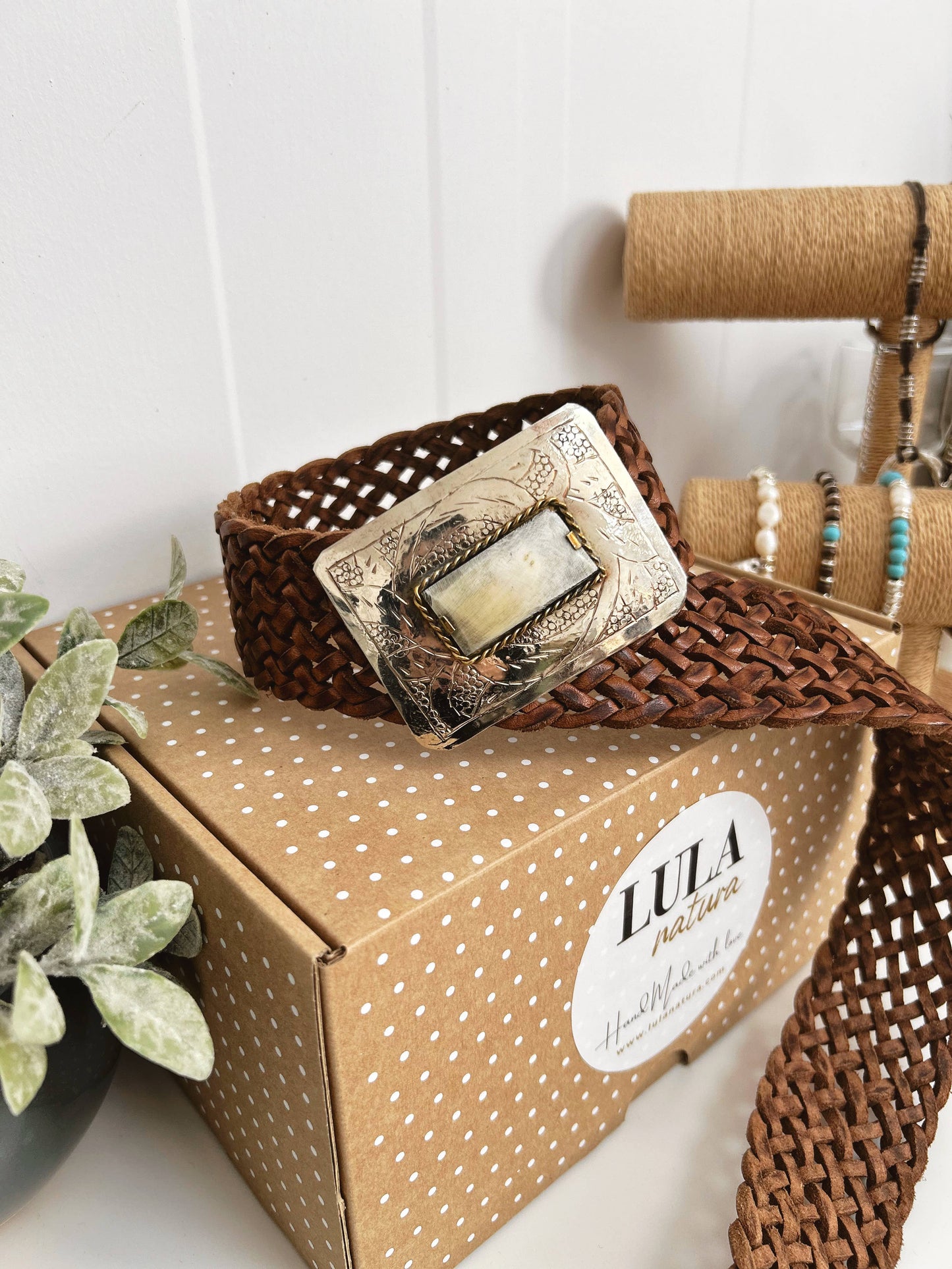 Lula Natura - Brown Leather Belt Satu Wide w/ White Stone