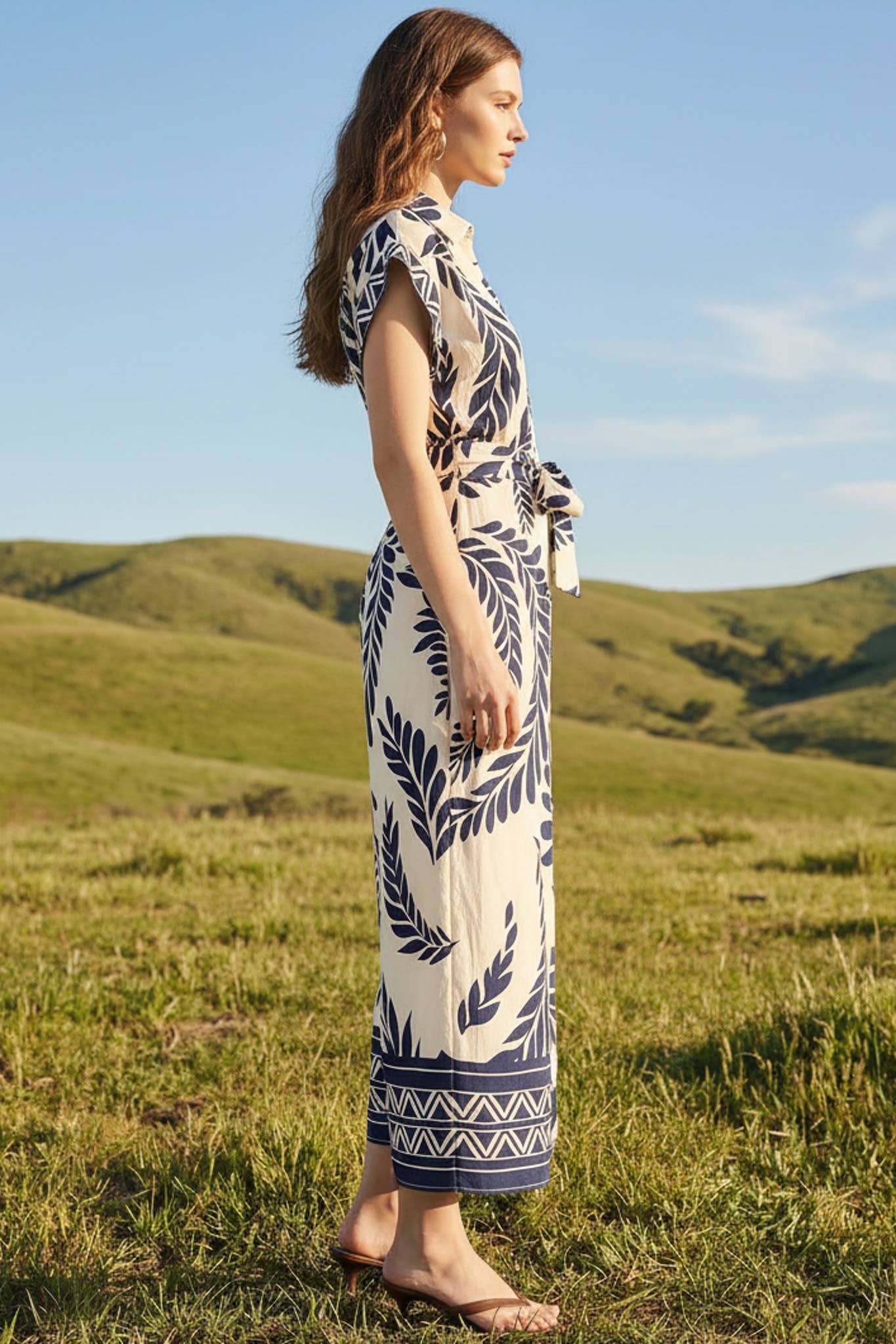 Taelynn - Leaf Print Midi Shirt Dress