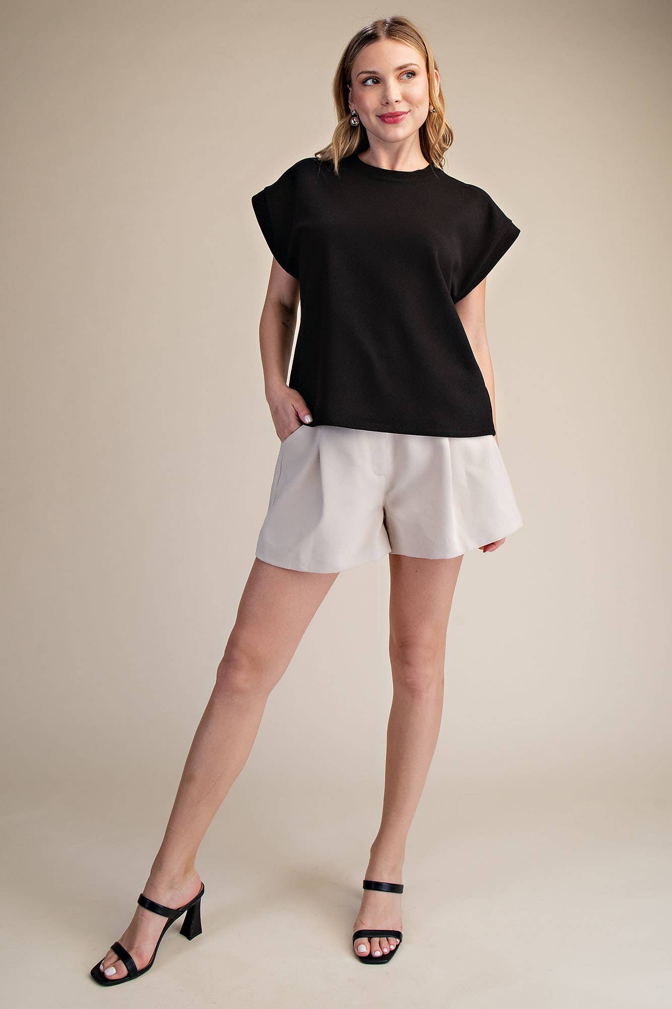 Glam - Crew Neckline Cuffed SS Top