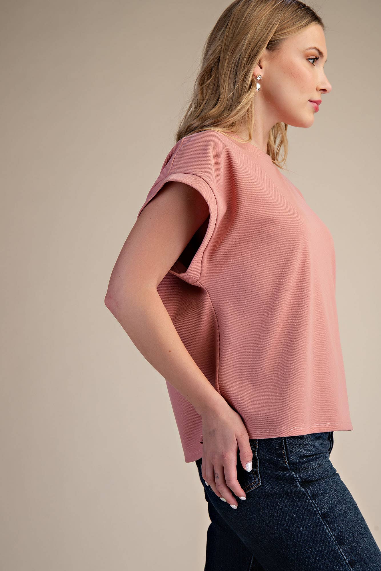 Glam - Crew Neckline Cuffed Top/ Blush