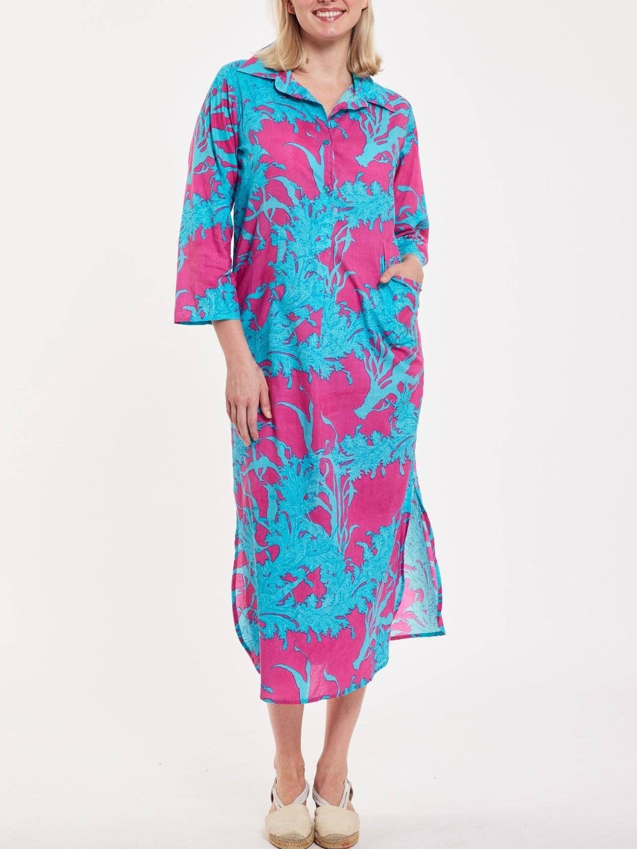 ModaPosa - Gabriella Maxi Caftan Shirt Dress Big Coral Super Pink