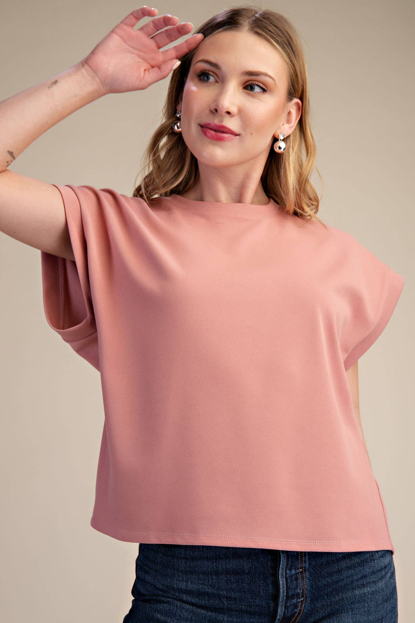 Glam - Crew Neckline Cuffed Top/ Blush