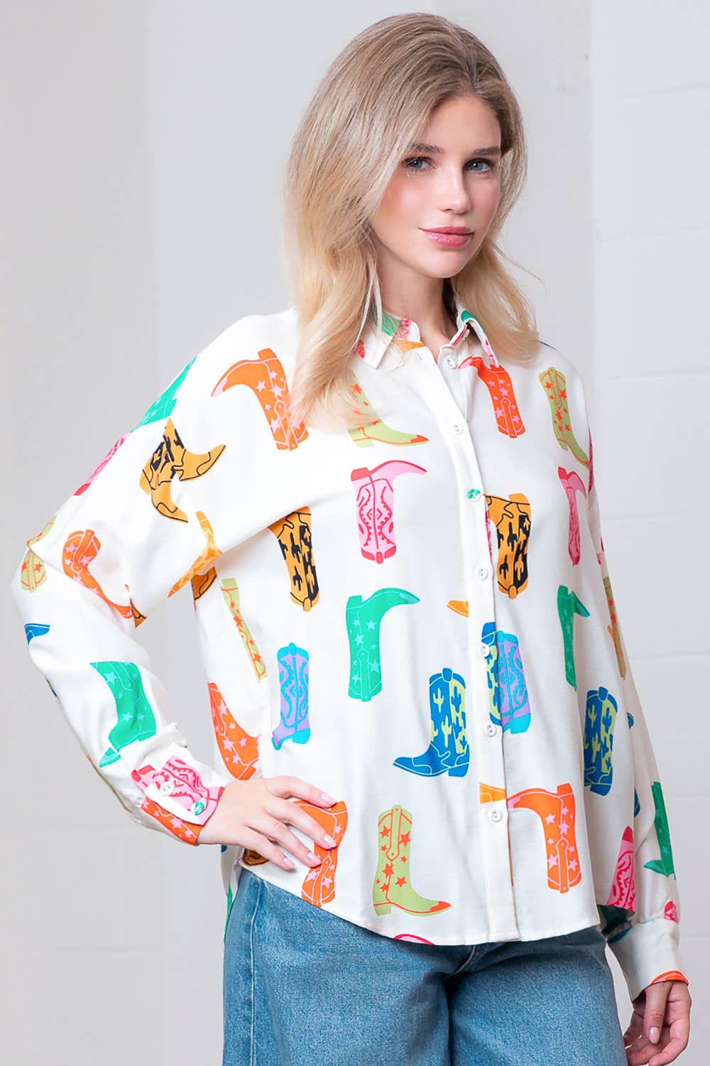 Taelynn - Cowboy Boots Print Button-Up Top
