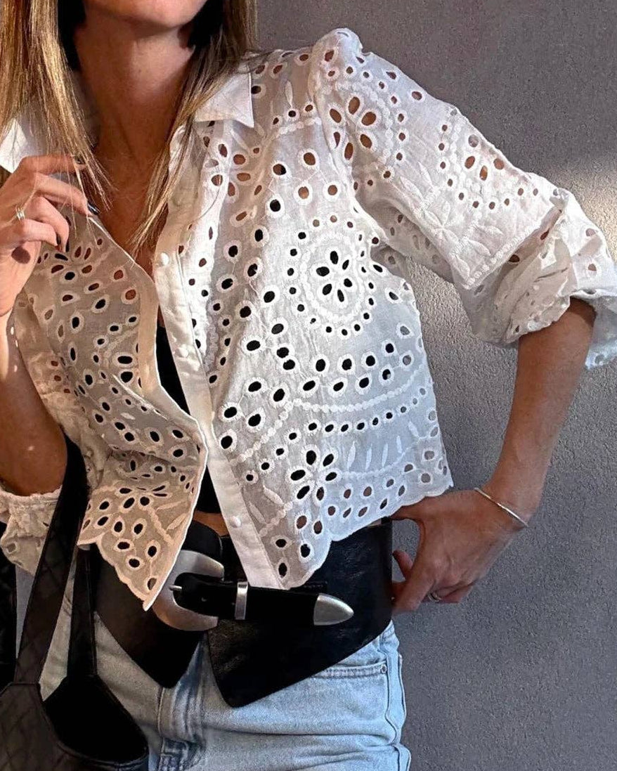 Suhkasana - White Eyelet Embroidered Puff Sleeve