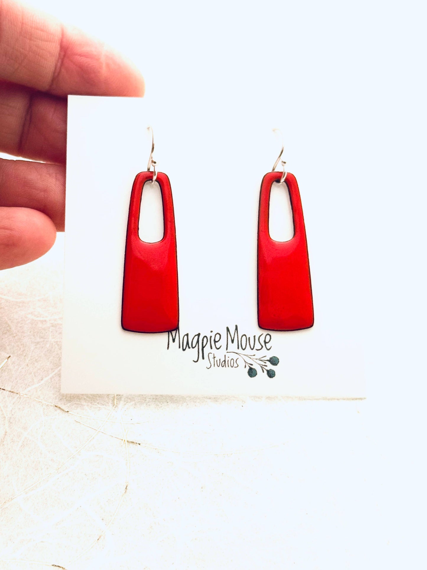 Magpie Mouse Studios - Small Rectangle Earrings, Flame Orange Enamel