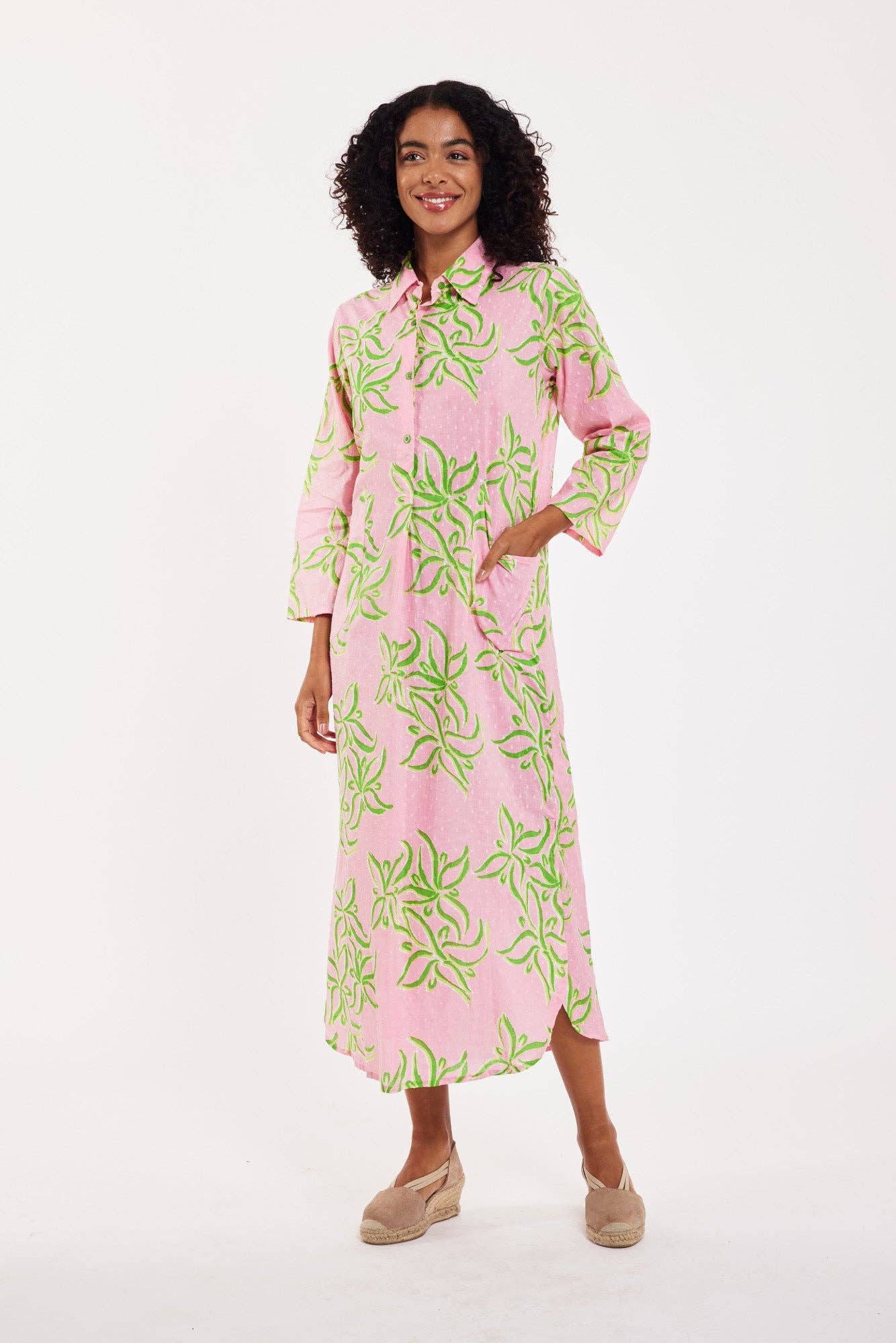 ModaPosa - Gabriella Maxi Caftan Shirt Dress Pink Green