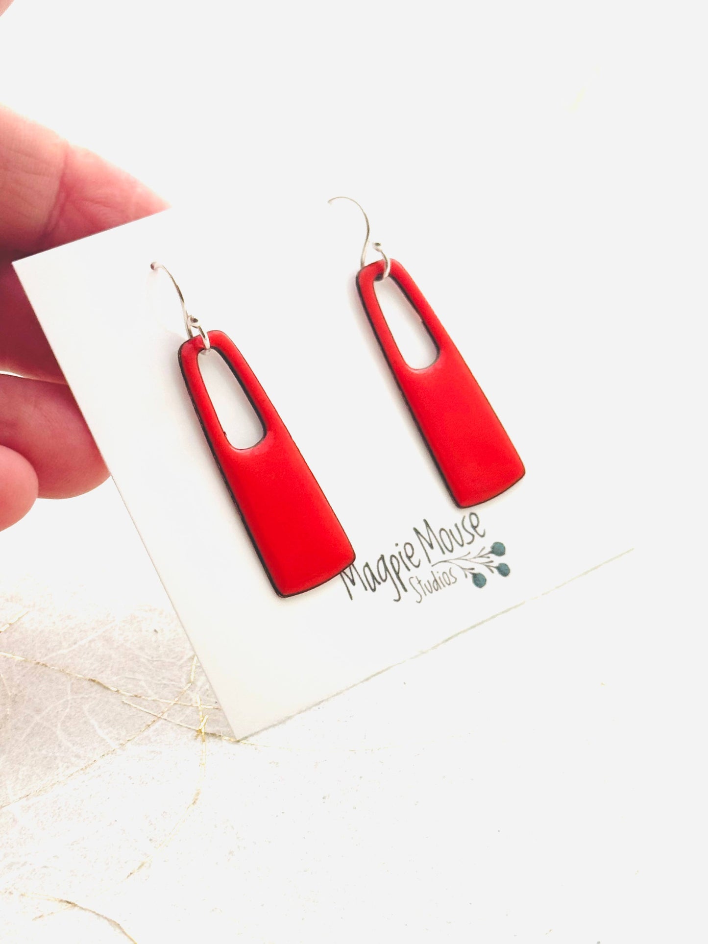 Magpie Mouse Studios - Small Rectangle Earrings, Flame Orange Enamel