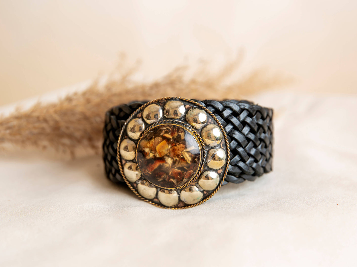 Lula Natura - Black Leather Belt Satu Wide w/ Brown Stone