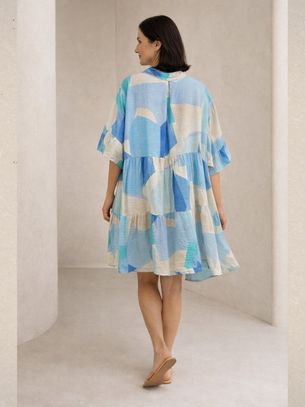 LOOWIE - Blue Abstract Tiered  Dress