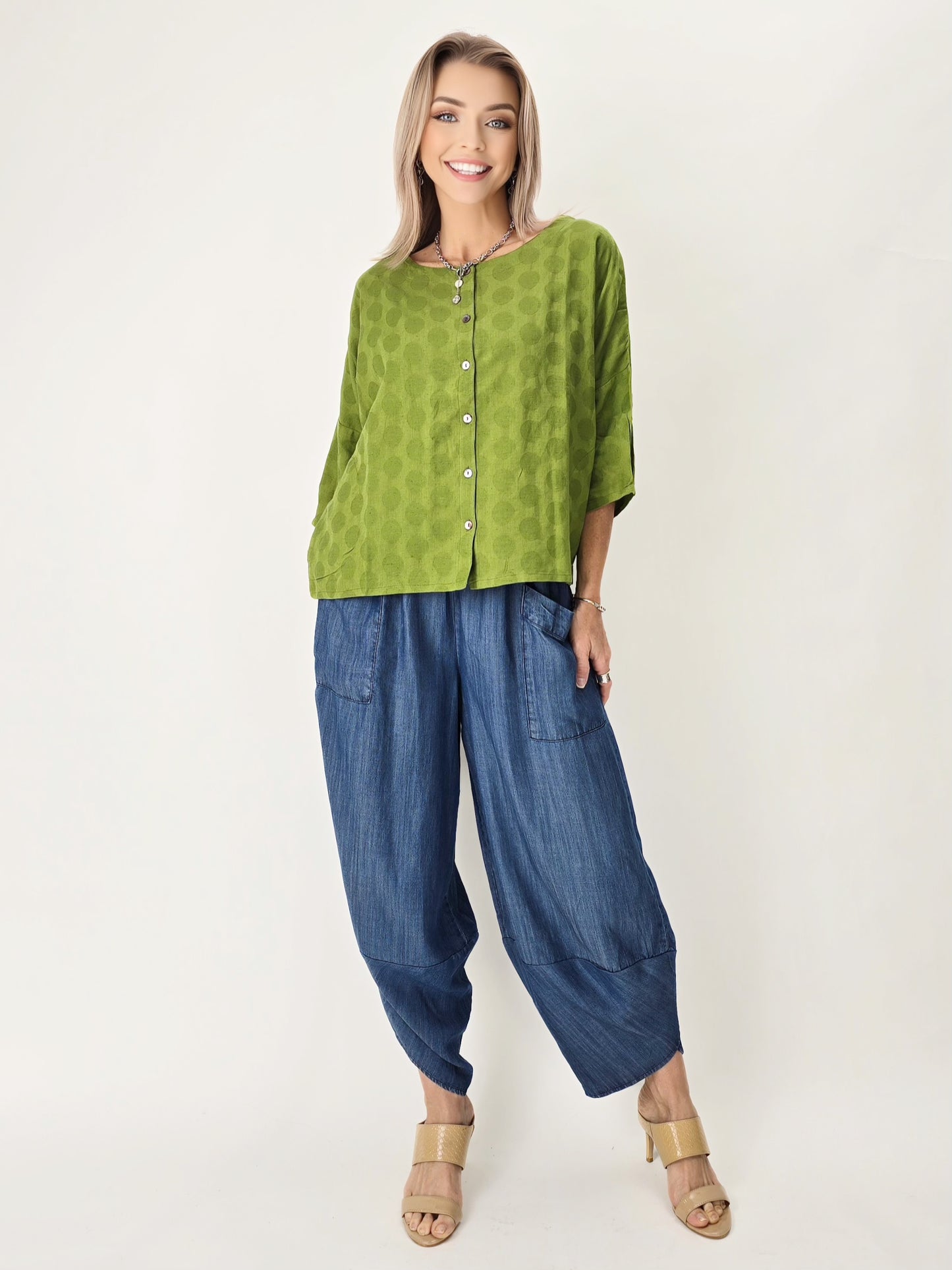 Raksa- Indian Cotton Jacquard Button-Front Blouse