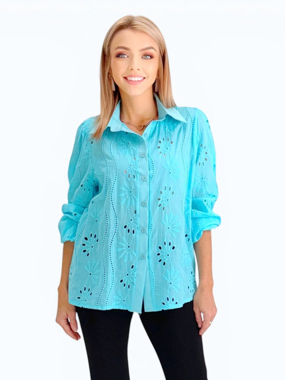 Mia Collection - Eyelet Shirt/ Aqua