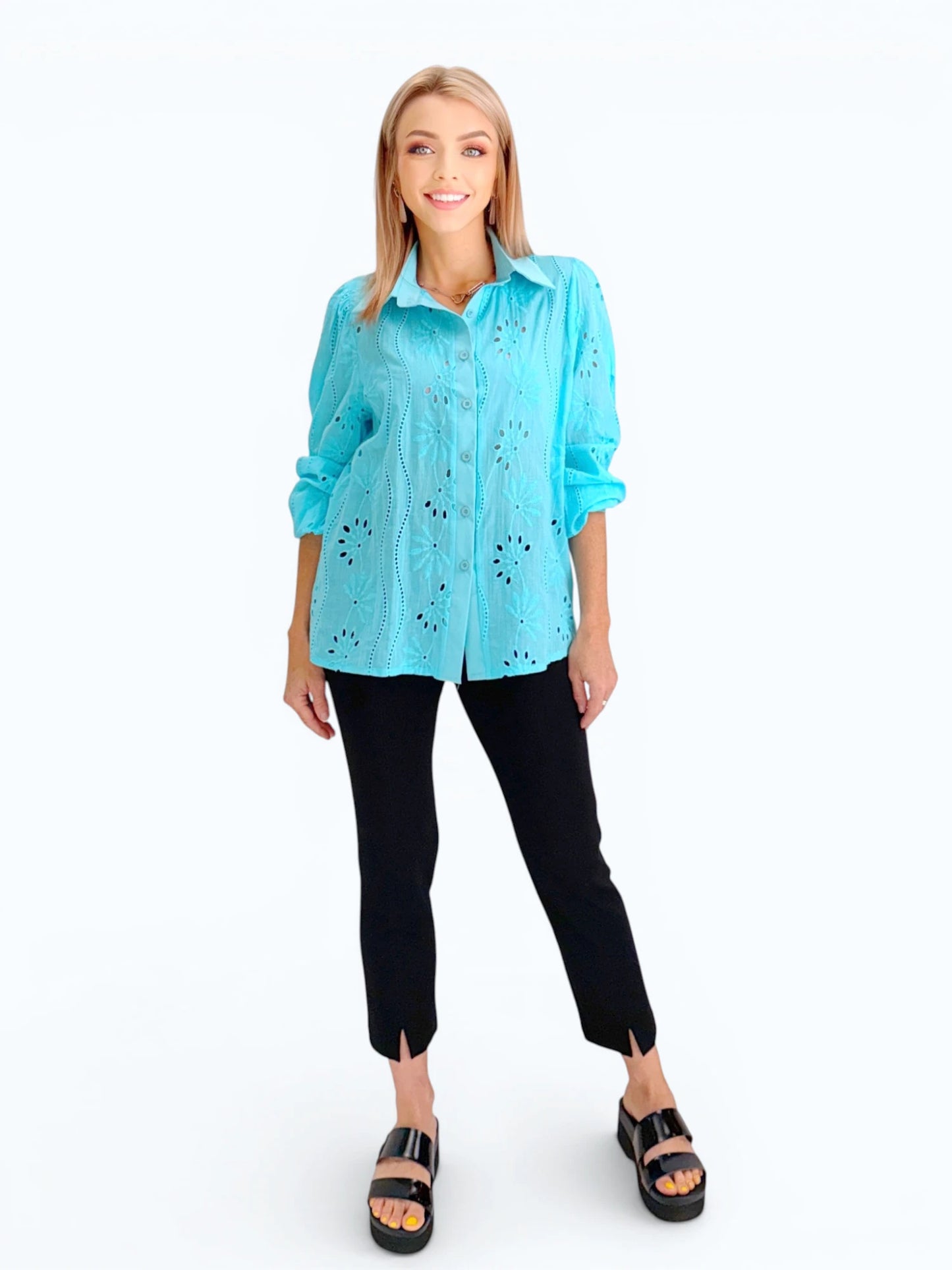 Mia Collection - Eyelet Shirt/ Aqua