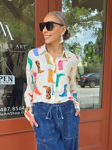Taelynn - Cowboy Boots Print Button-Up Top