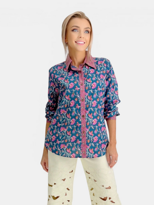 Rahab's Rope - Indigo Bloom Block Print Button-Down Top