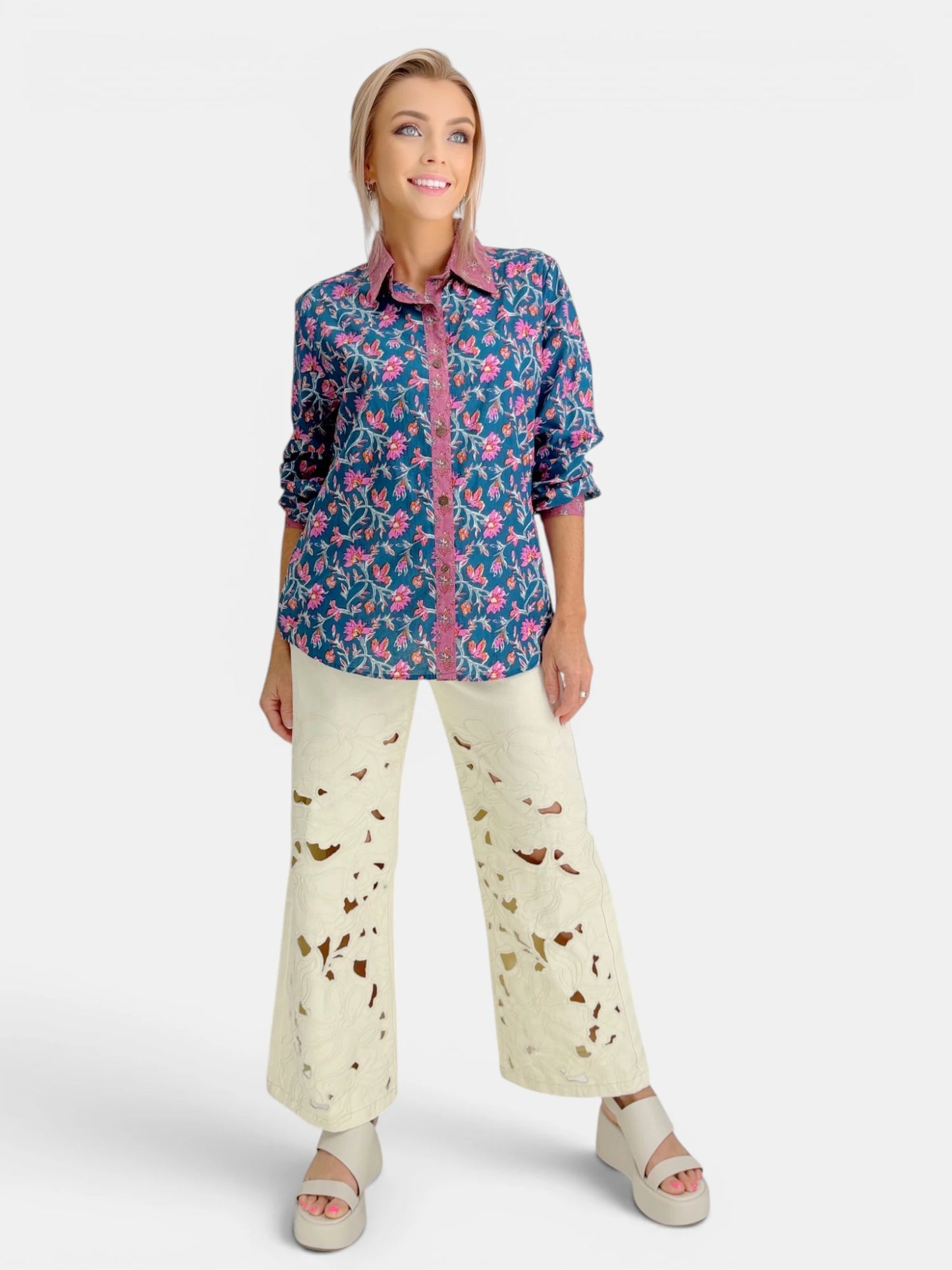 Rahab's Rope - Indigo Bloom Block Print Button-Down Top