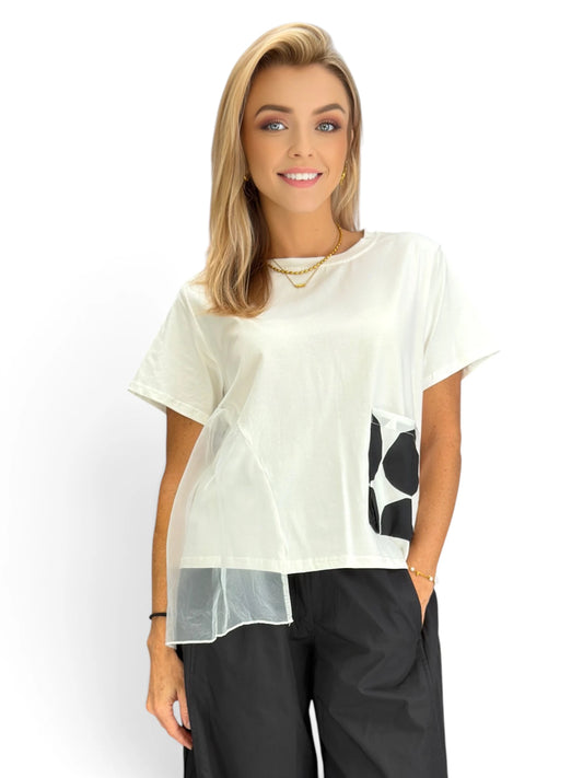 Mia Collection- Mixed Media Pocket Top