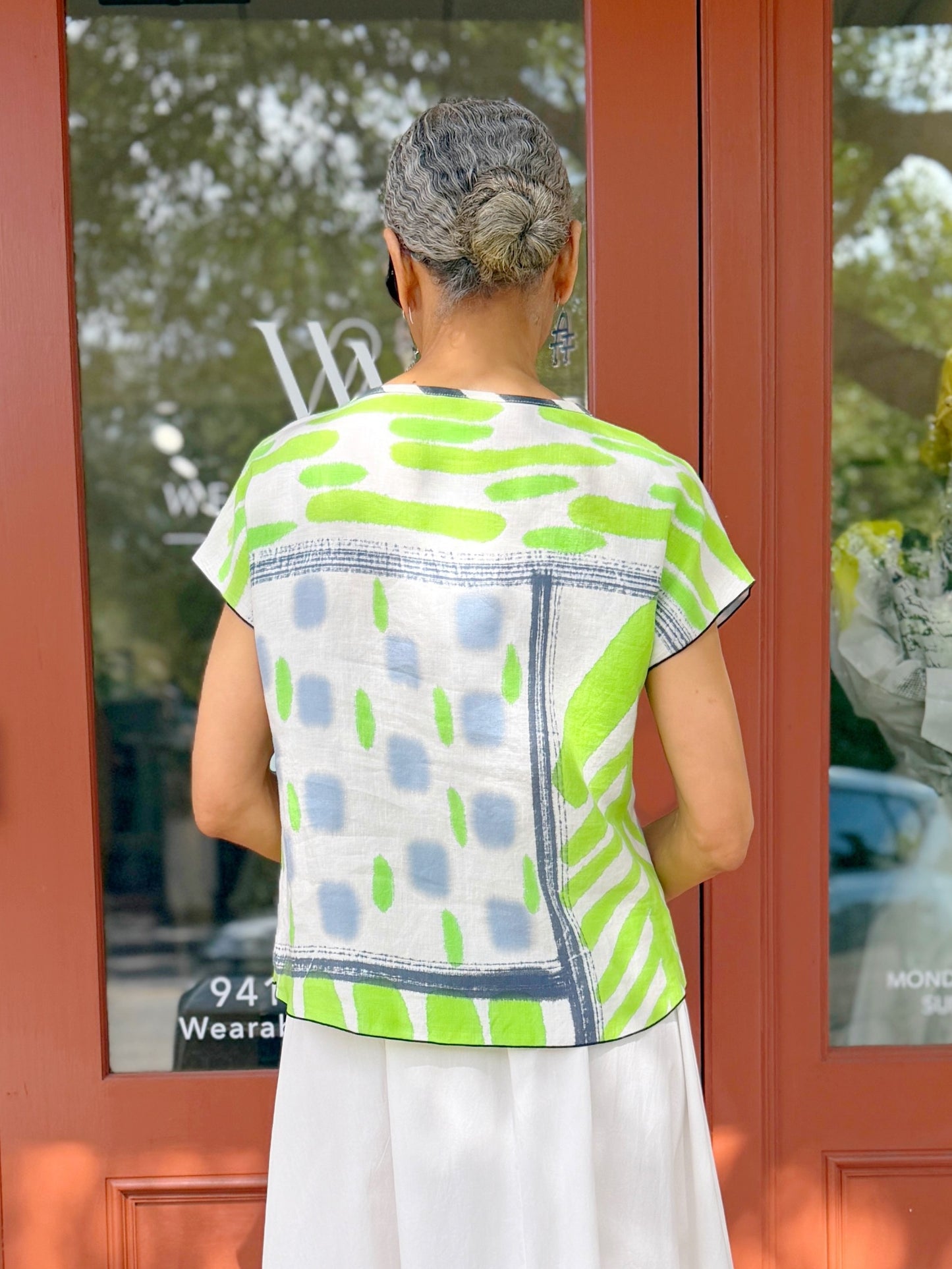 Kay Chapman- Linen Crop Top-White/Lime/Gold