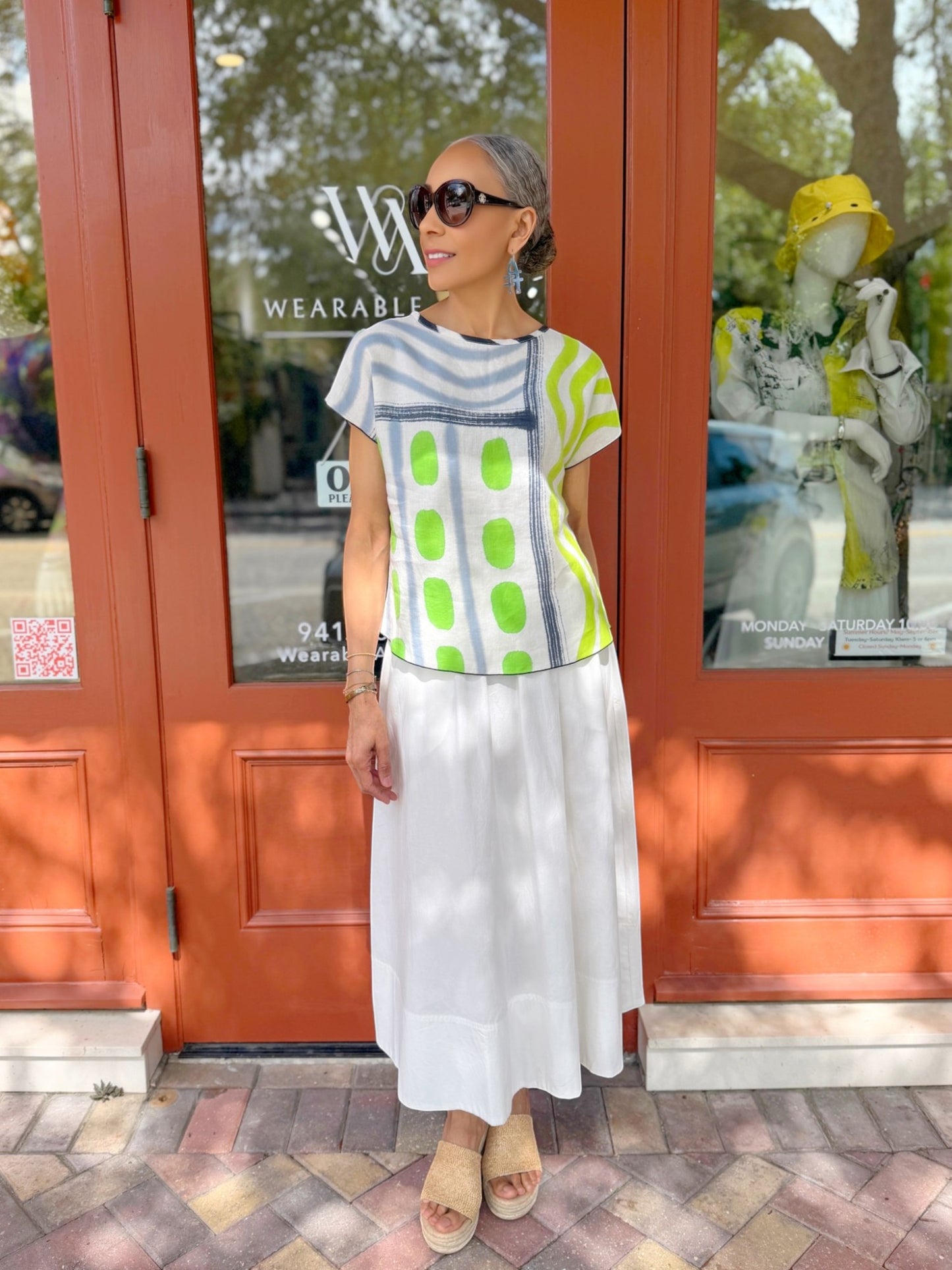 Kay Chapman- Linen Crop Top-White/Lime/Gold