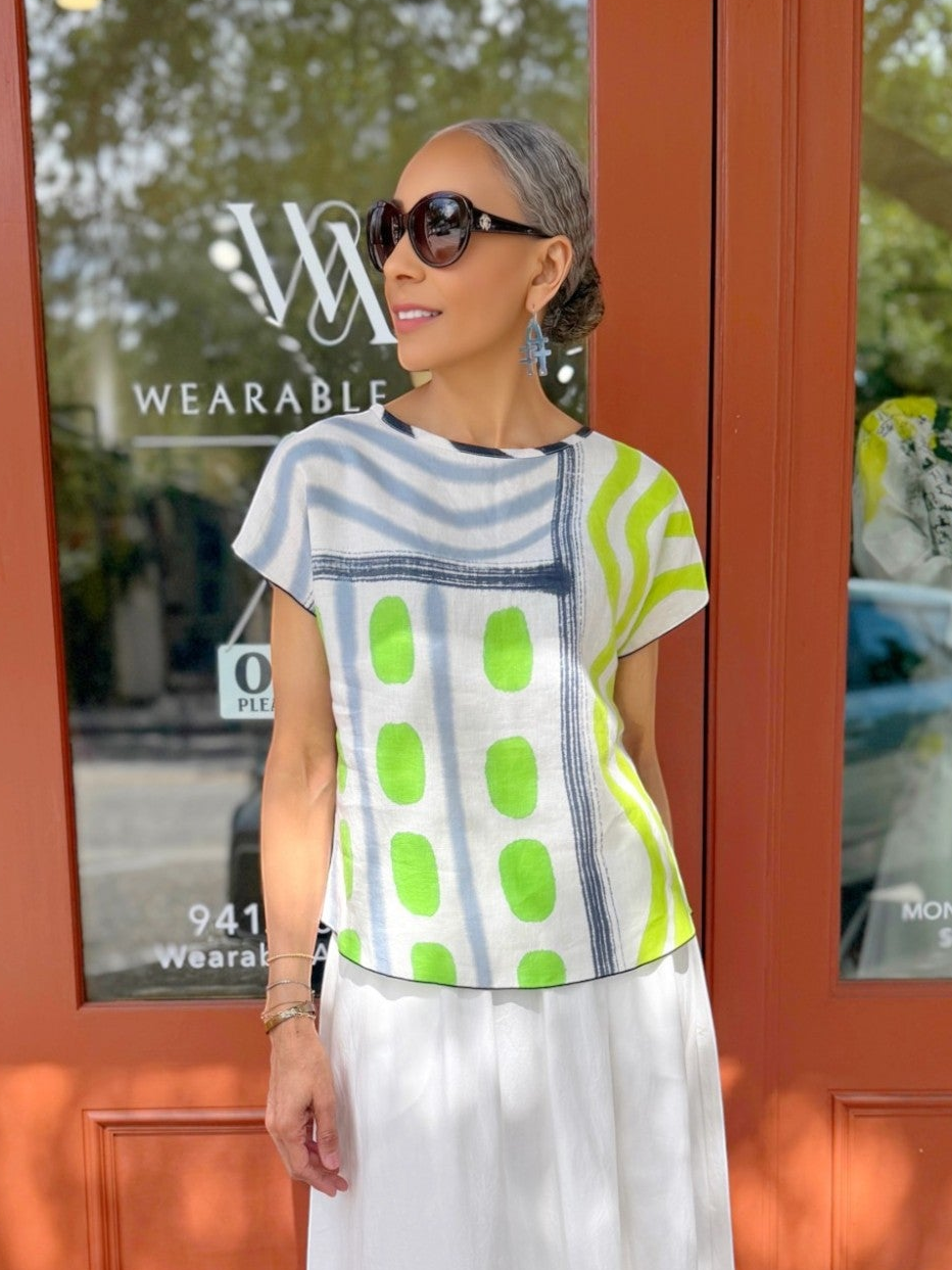 Kay Chapman- Linen Crop Top-White/Lime/Gold
