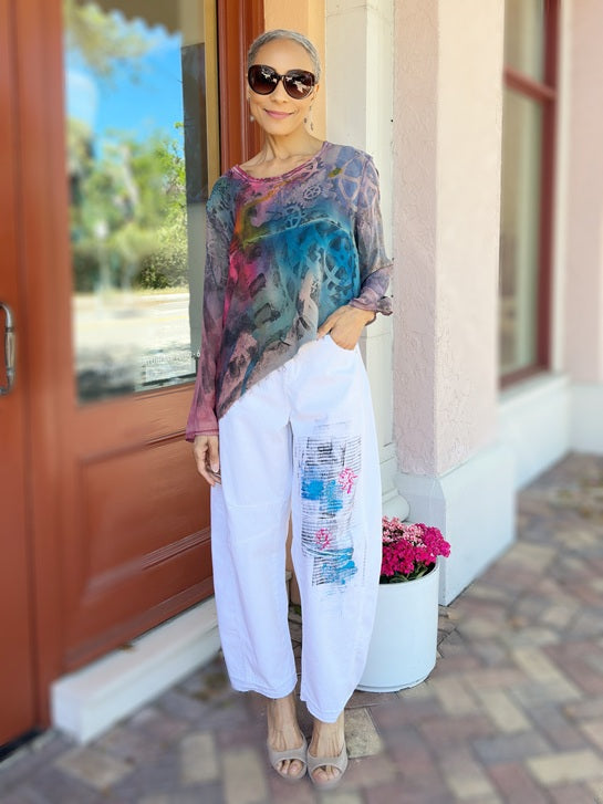 Narenee Designs- Hand-Painted White Cotton Barrel Pants