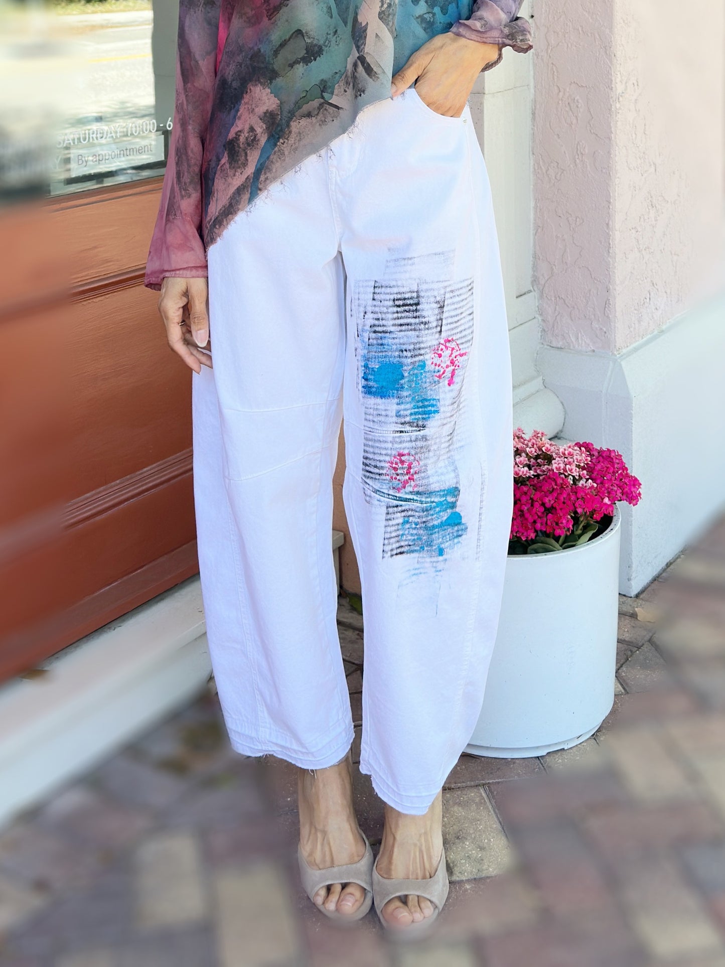 Narenee Designs- Hand-Painted White Cotton Barrel Pants