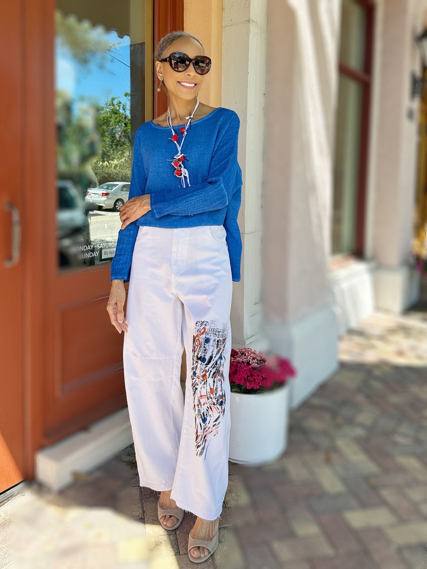 Narenee Designs- Hand-Painted White Cotton Barrel Pants