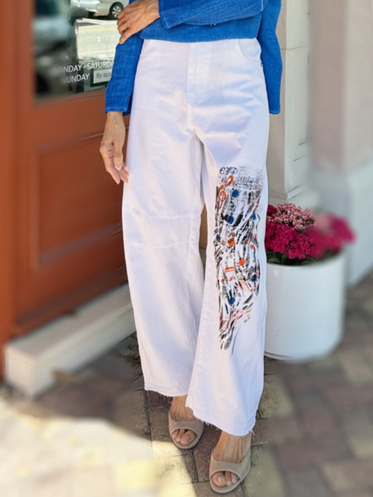 Narenee Designs- Hand-Painted White Cotton Barrel Pants