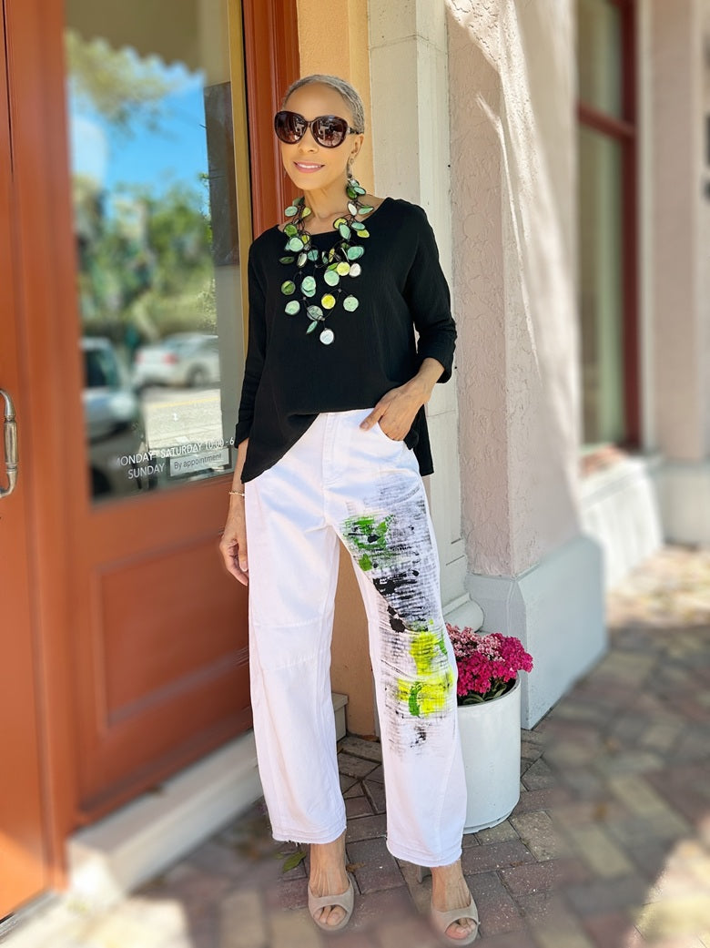 Narenee Designs- Hand-Painted White Cotton Barrel Pants