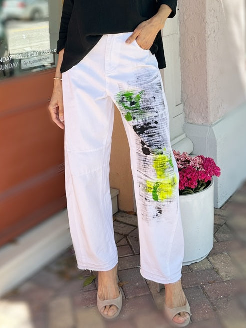 Narenee Designs- Hand-Painted White Cotton Barrel Pants