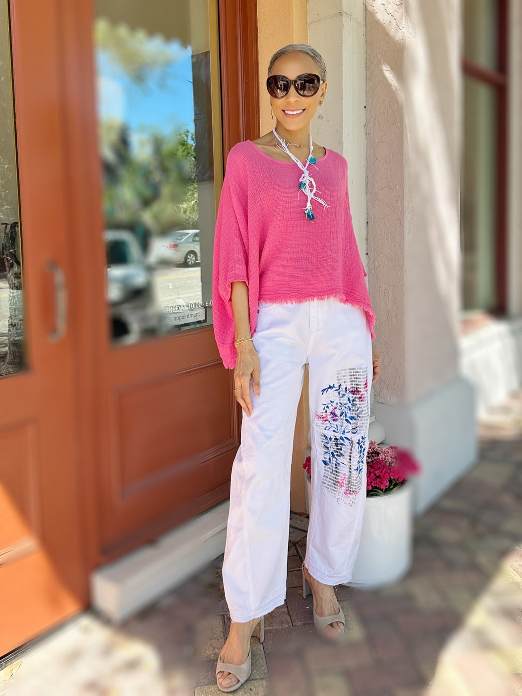 Narenee Designs- Hand-Painted White Cotton Barrel Pants