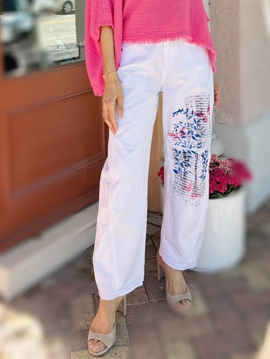Narenee Designs- Hand-Painted White Cotton Barrel Pants