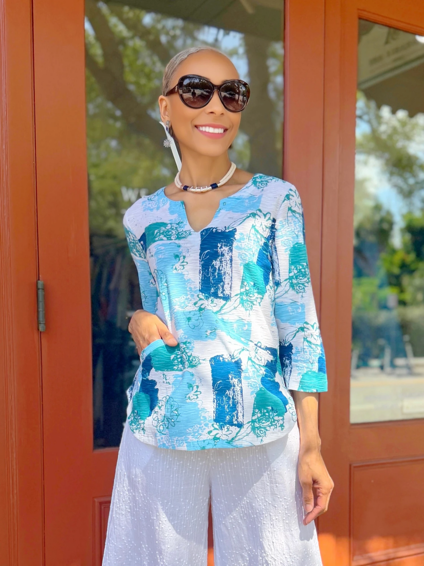 Komil - Savannah Print Notch 3/4 Sleeve Top: X-Small