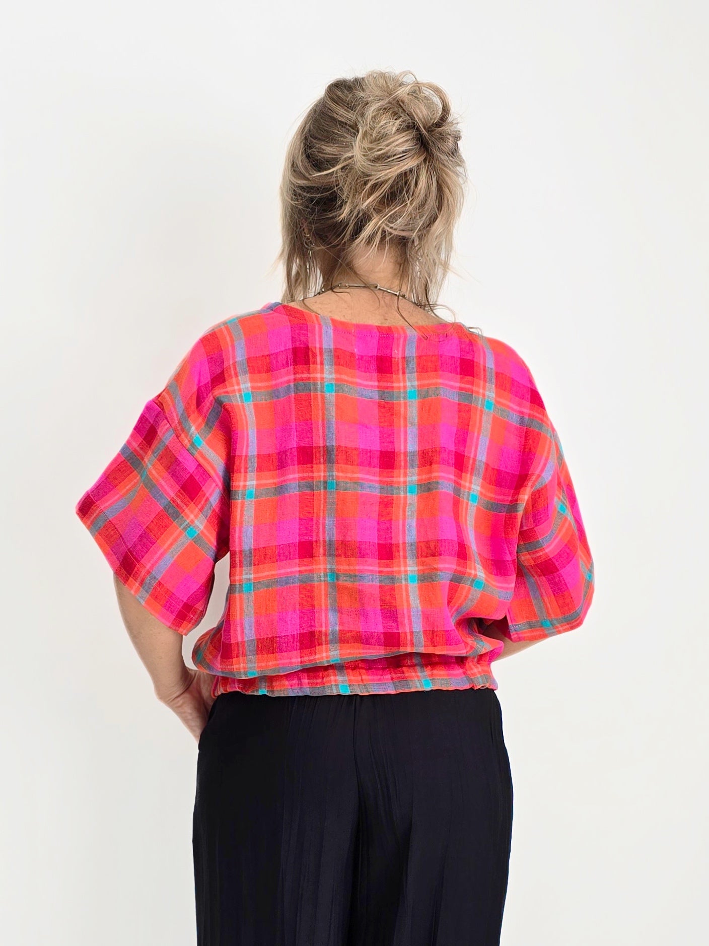Joolee - Pink Check Linen Top