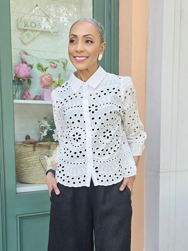 Suhkasana - White Eyelet Embroidered Puff Sleeve