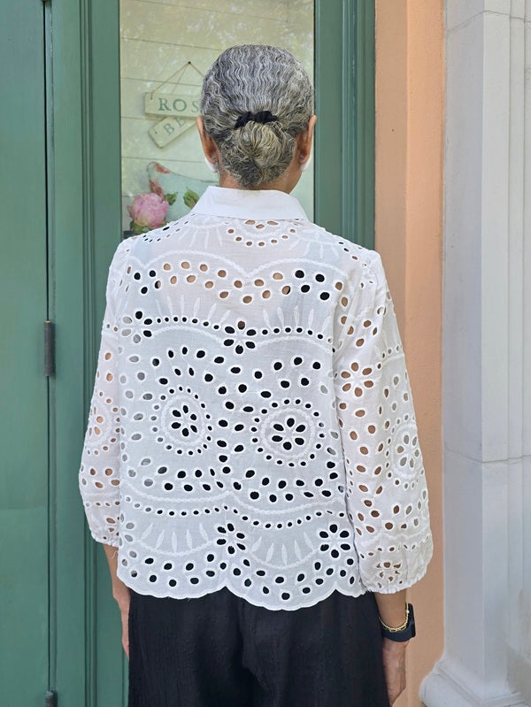 Suhkasana - White Eyelet Embroidered Puff Sleeve