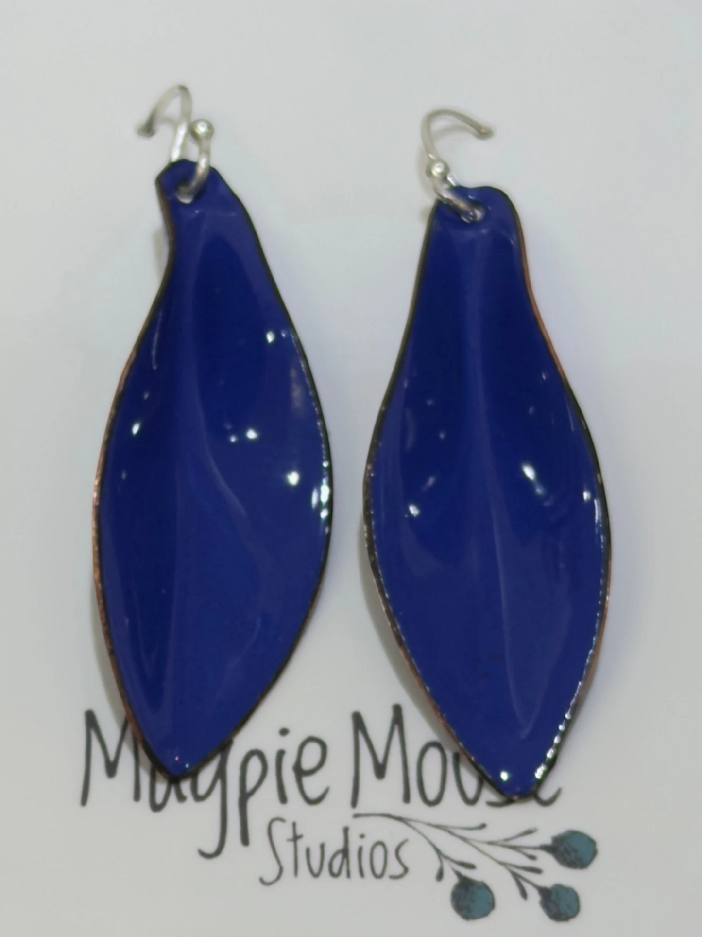 Magpie Mouse Studios - Small Leaf Earrings, Ultramarine Blue Enamel