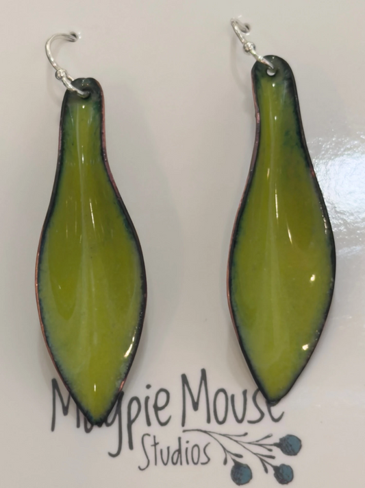 Magpie Mouse Studios - Small Leaf Earrings, Chartreuse Green Enamel