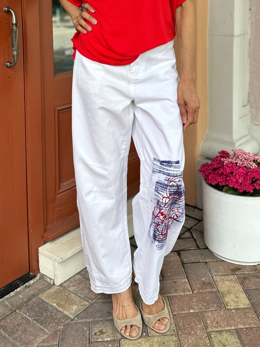 Narenee Designs- Hand-Painted White Cotton Barrel Pants