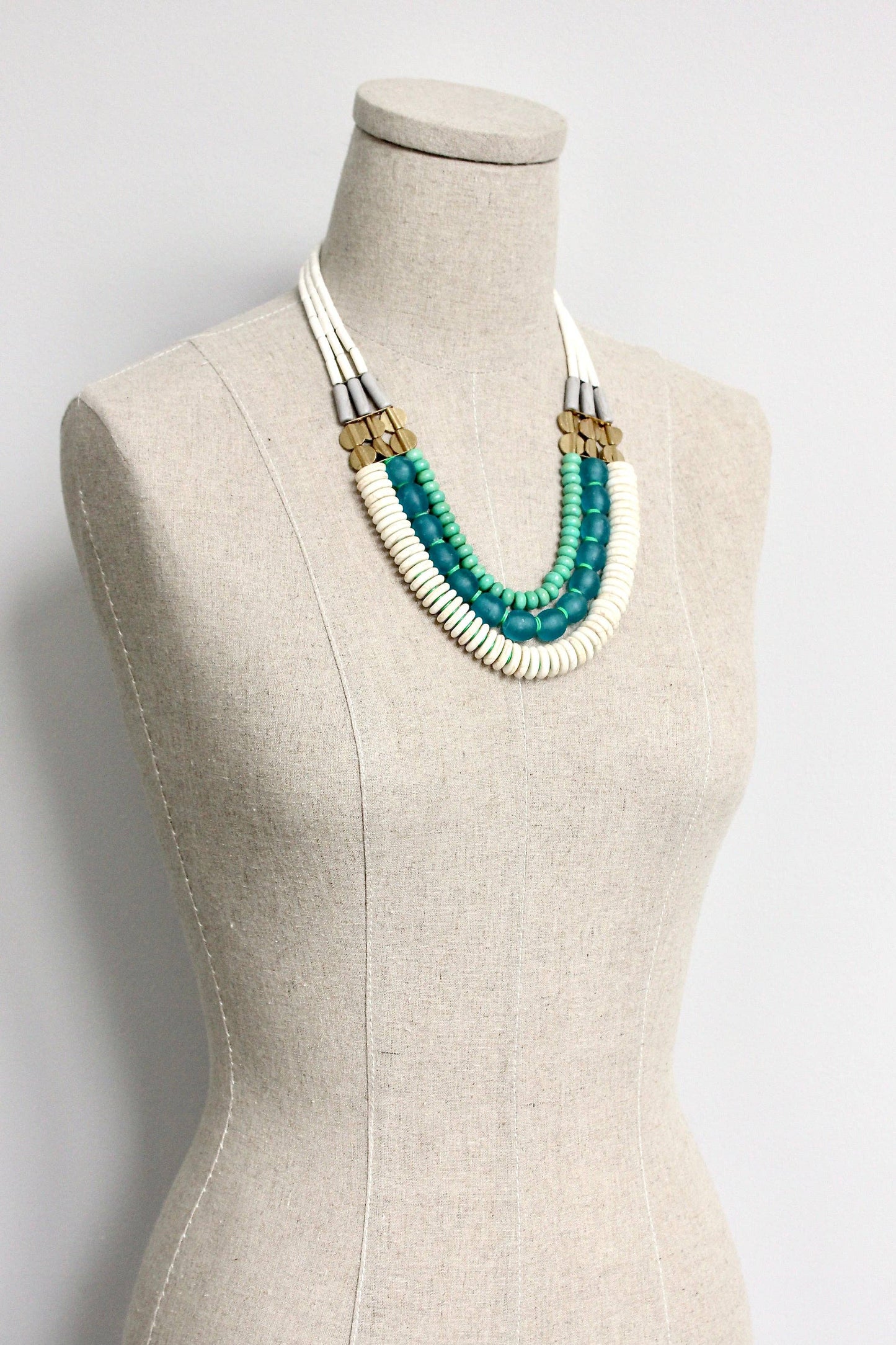 David Aubrey Jewelry - Triple strand white, aqua Ghana glass, and turquoise