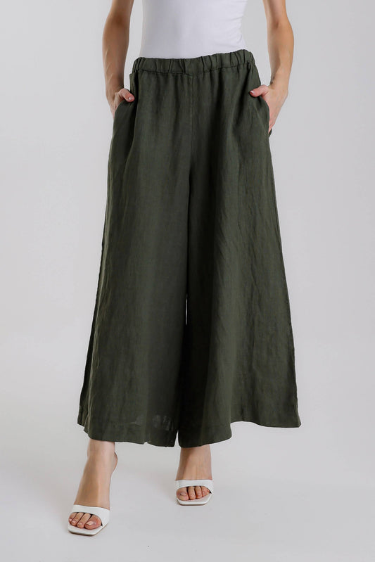 TINA Stephens- Army Peggy Crop Linen Palazzo Pant